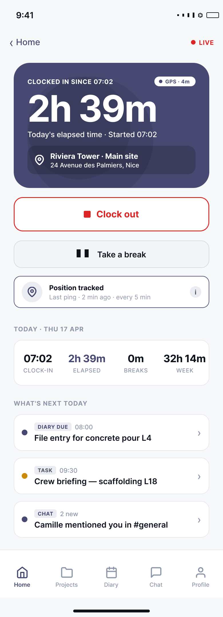 SiteNext mobile app — clocked-in home screen with live GPS tracking