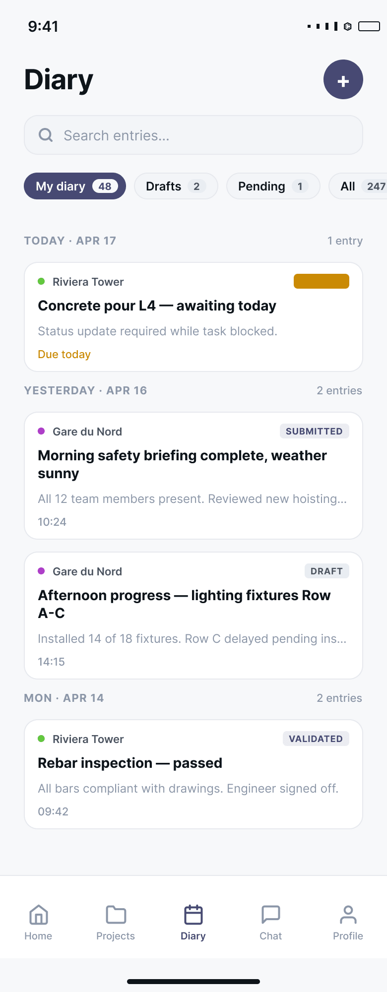 SiteNext mobile app — site diary entries with drafts and validations