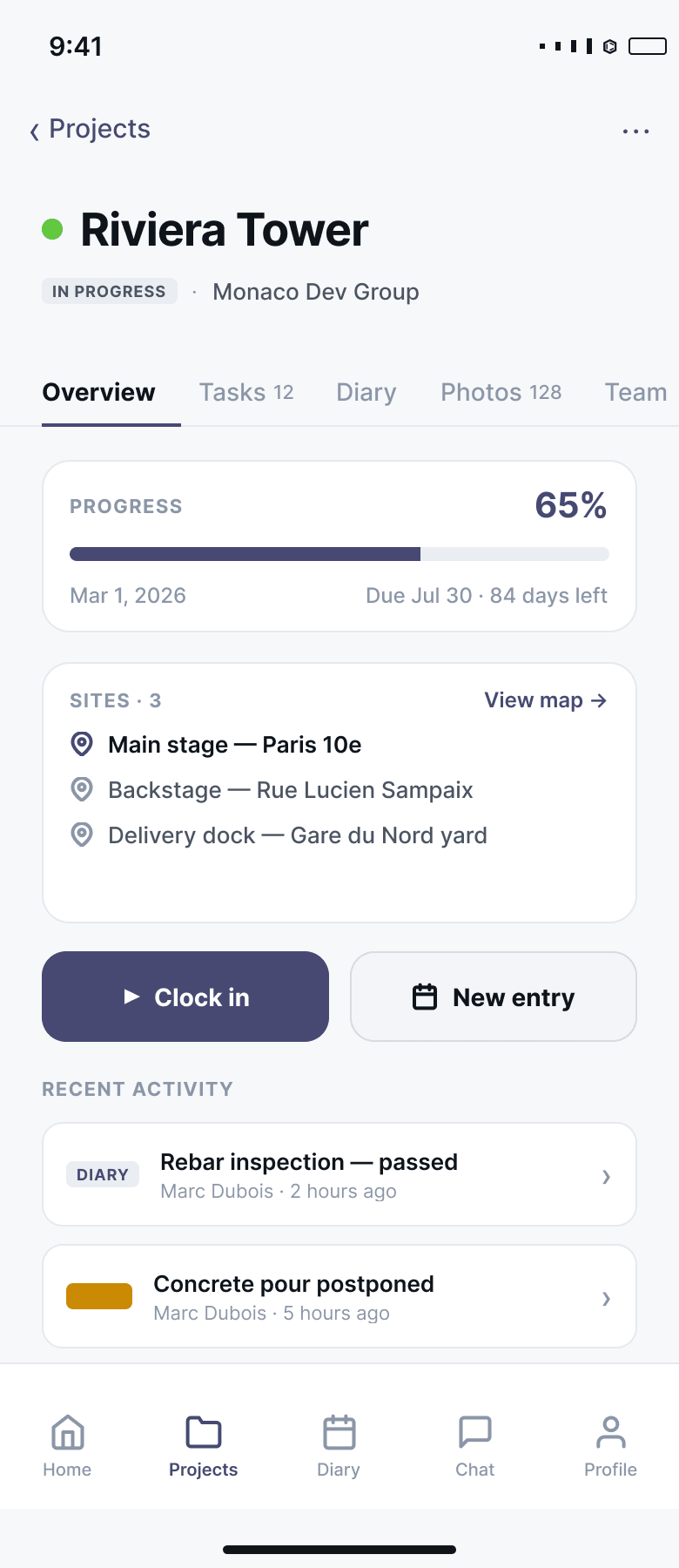 SiteNext mobile app — project overview with progress and sites