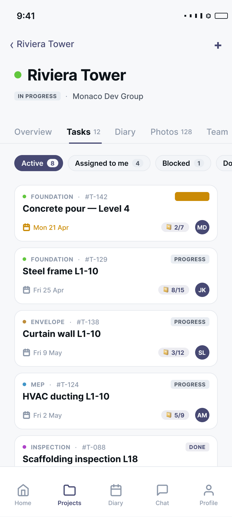 SiteNext mobile app — project task list with statuses and due dates